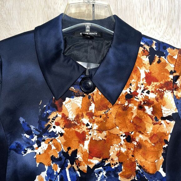 NWT Ellen Tracy Ink Blue Orange Abstract Floral Swing Cotton Blazer Jacket Sz 10 - Picture 7 of 11